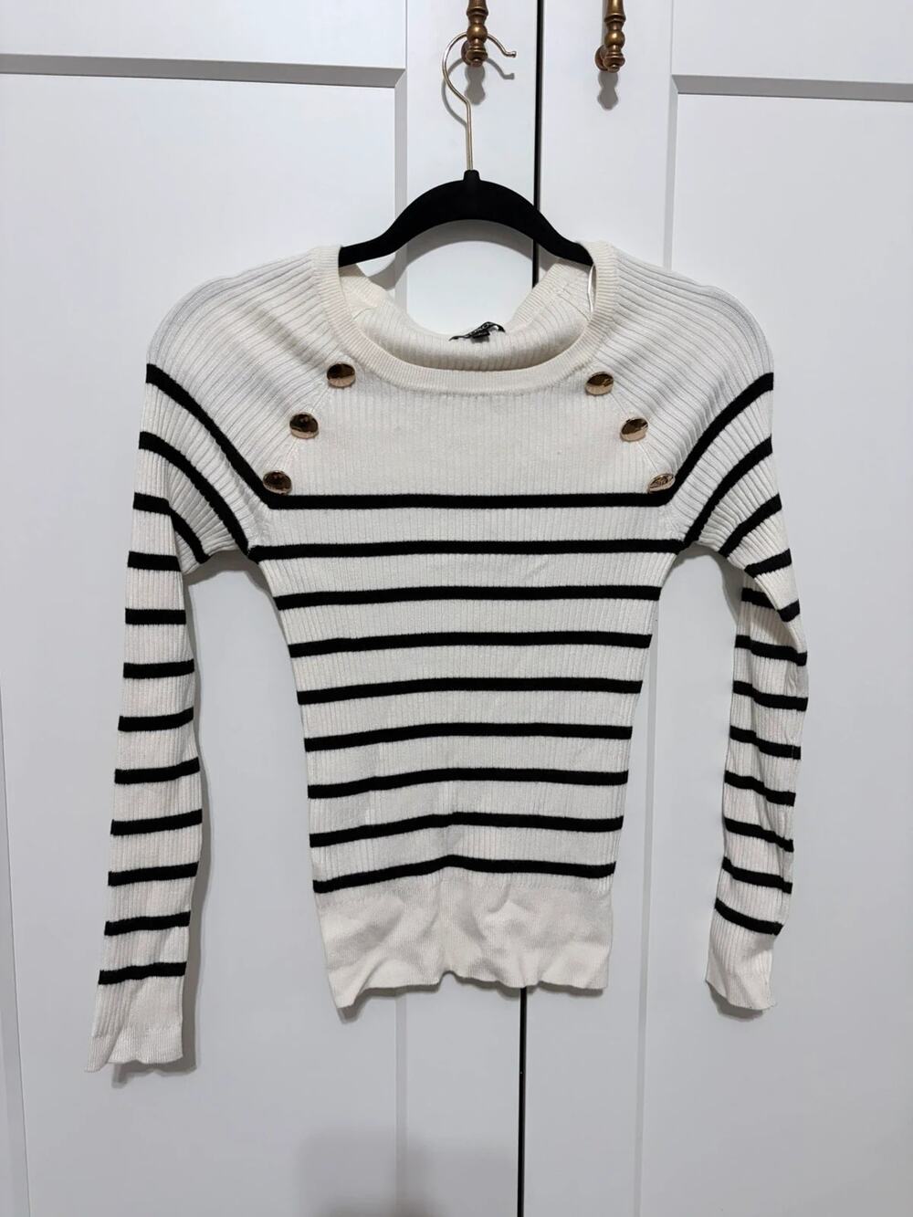 XOXO Black & White Striped Sweater with Gold Buttons Size S